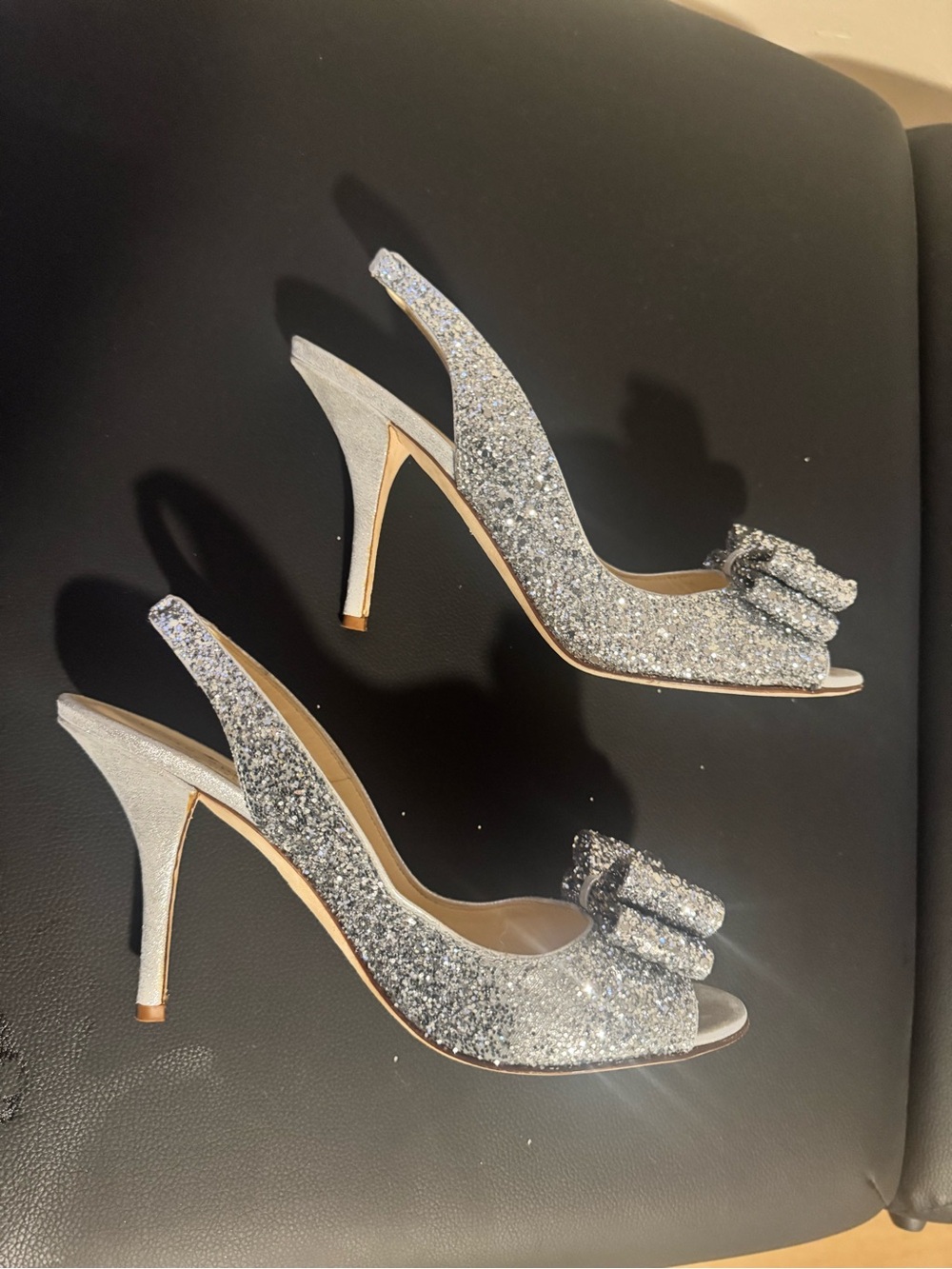 kate spade Silver Glitter Slingback Peep-Toe Heels with Bow Accent